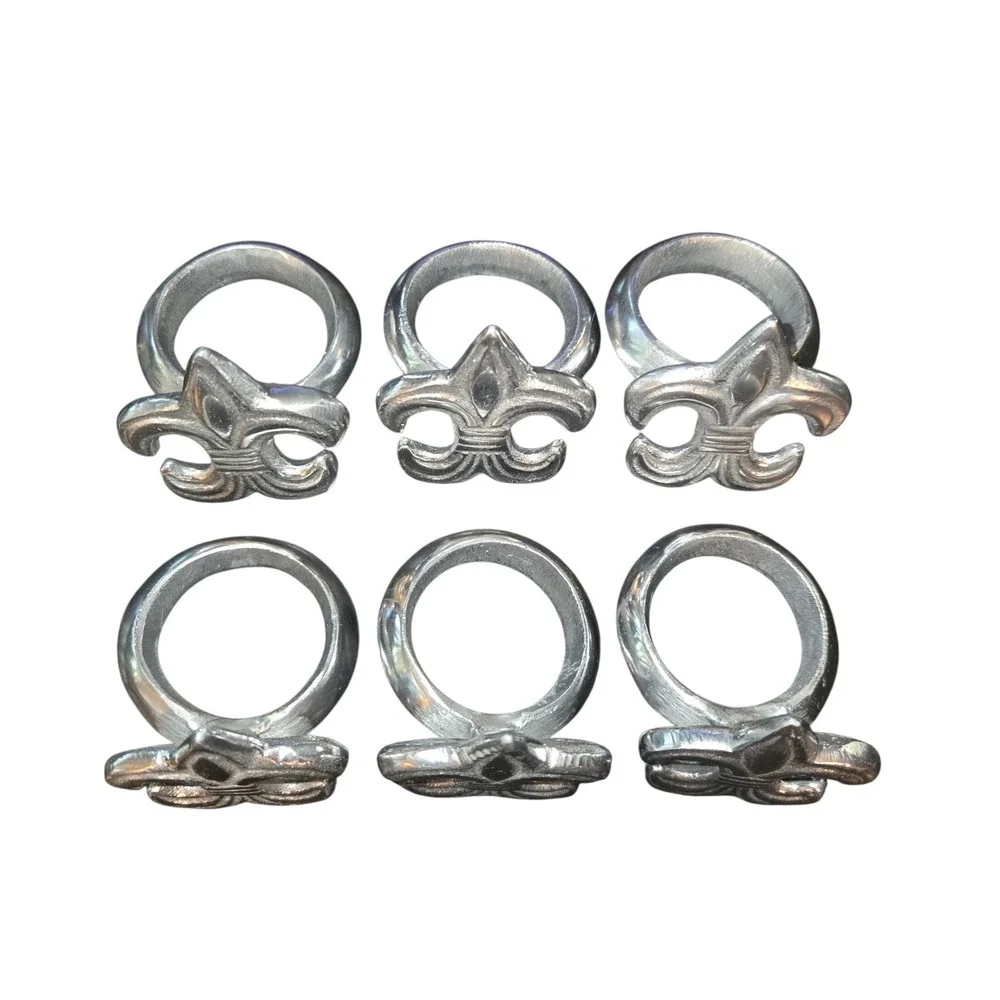 IHI Fleur De Lis Napkin Rings Silver‎ Tone Pewter Set of 6 French Country 2.25